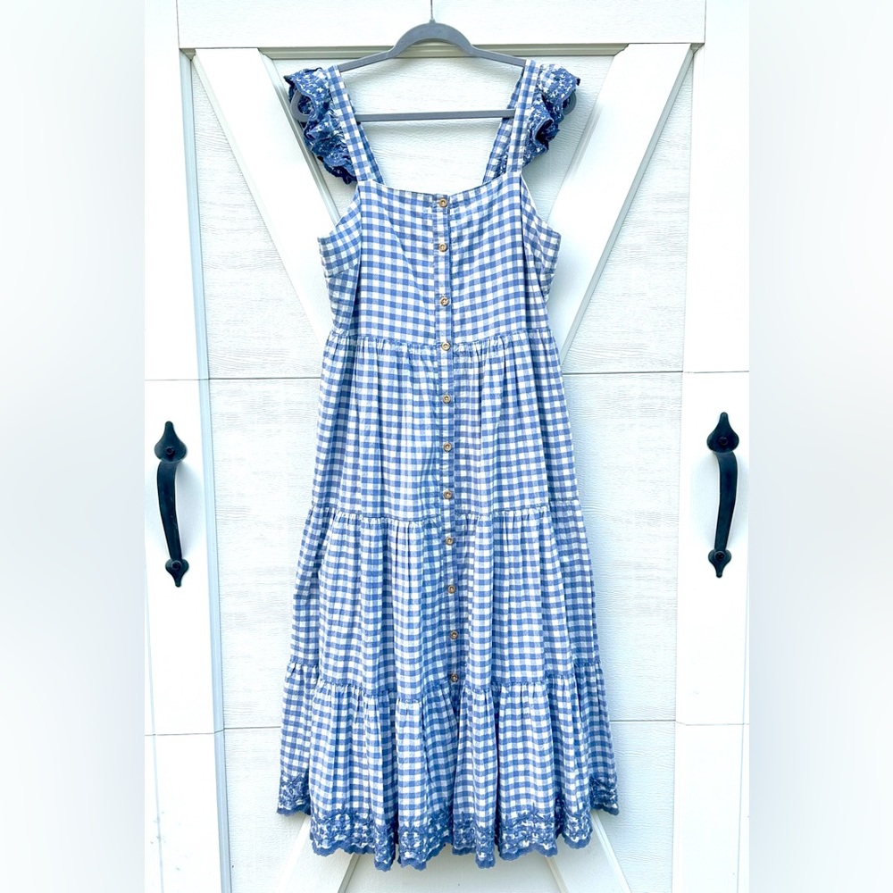 Shabby Chic Blue Gingham Ruffle Trim Dress